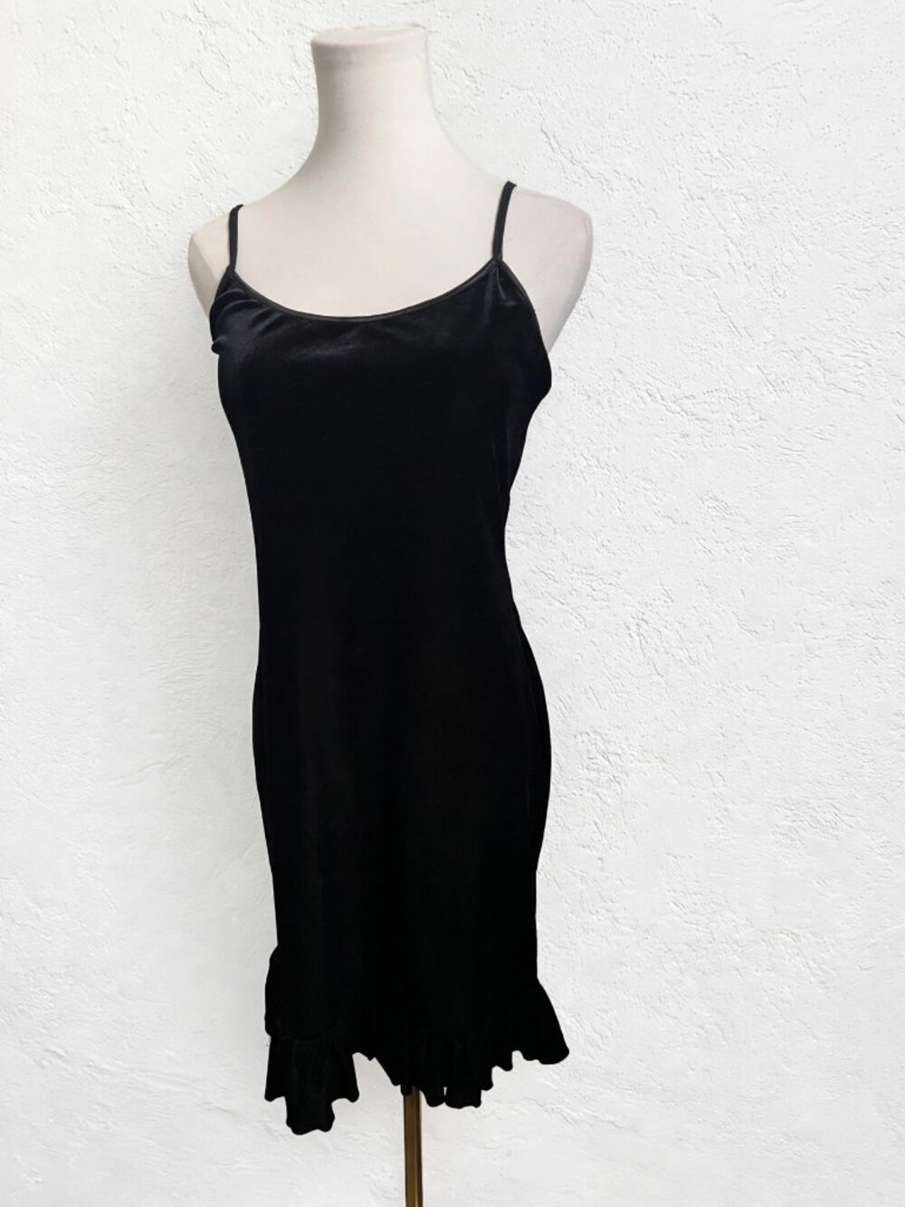 Vintage Black Velvet Slip Dress S Ruffle Hem Whimsical Goth